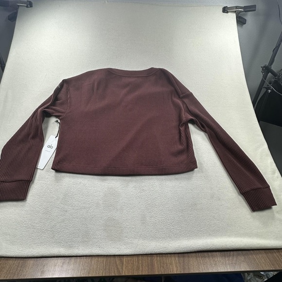 Alo Yoga Pullover Womens Large Brown Muse V-Neck Ribbed Cropped Lounge Top - Picture 2 of 12